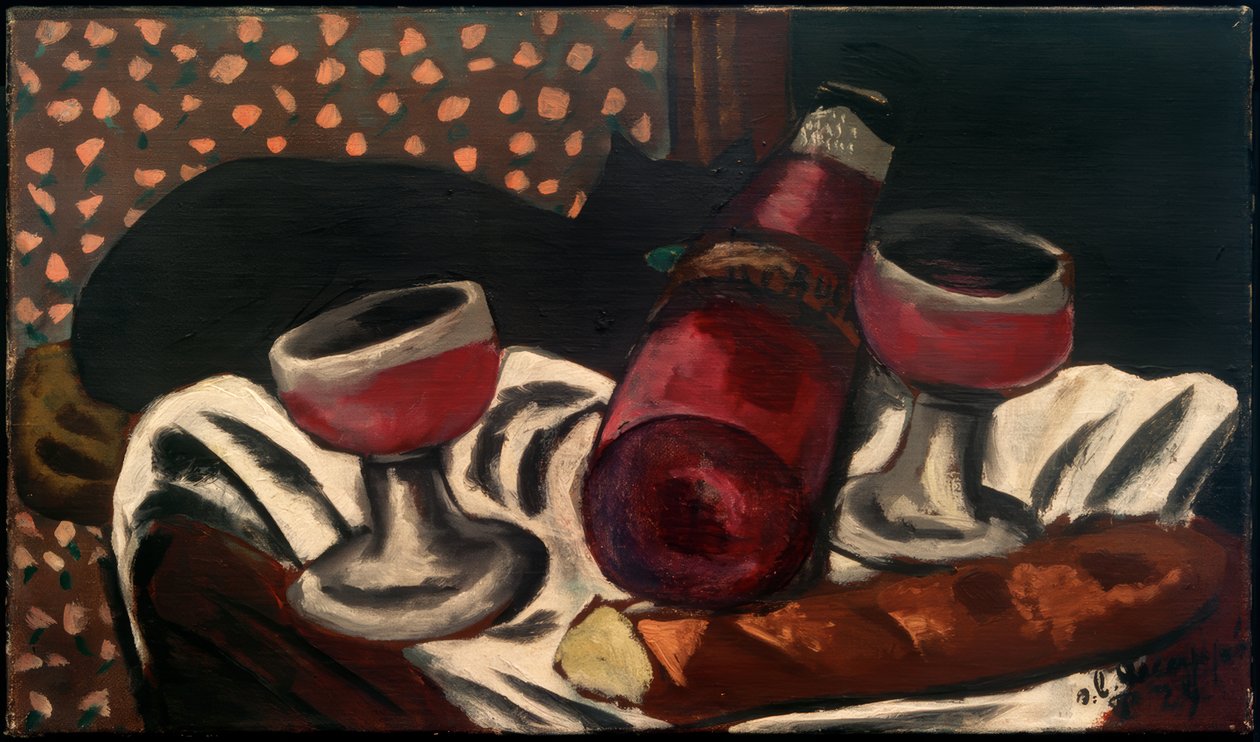 Stilleben med vinglass og en katt av Max Beckmann