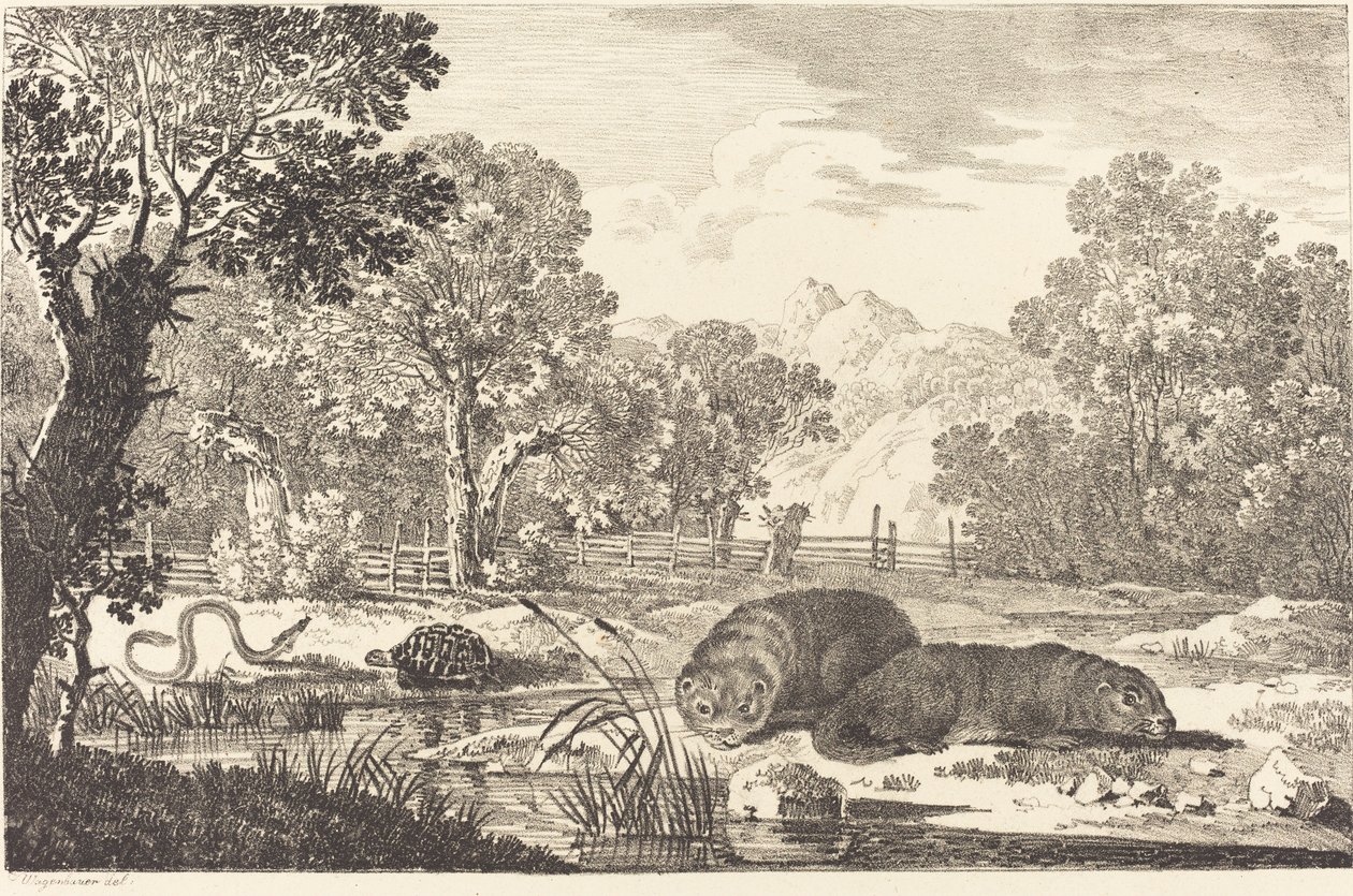 Elvelandskap med to bevere av Max Joseph Wagenbauer