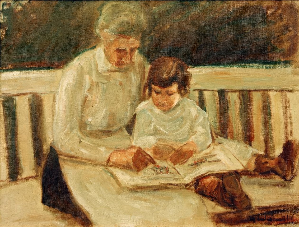 Barnebarn og barnepike på hagebenken av Max Liebermann