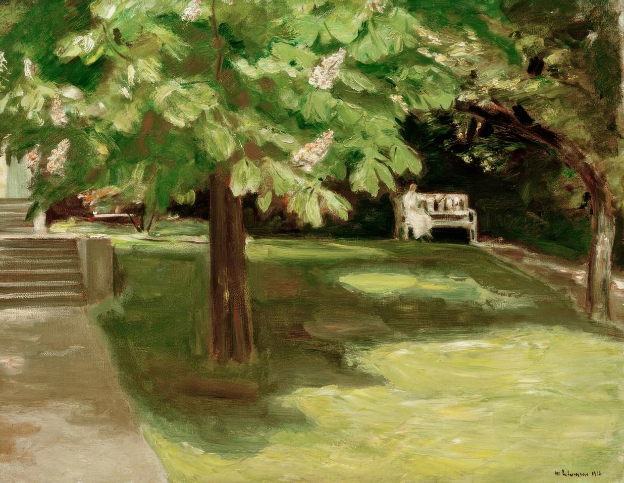 Hagebenk under kastanjetreet - kastanjer i blomst av Max Liebermann