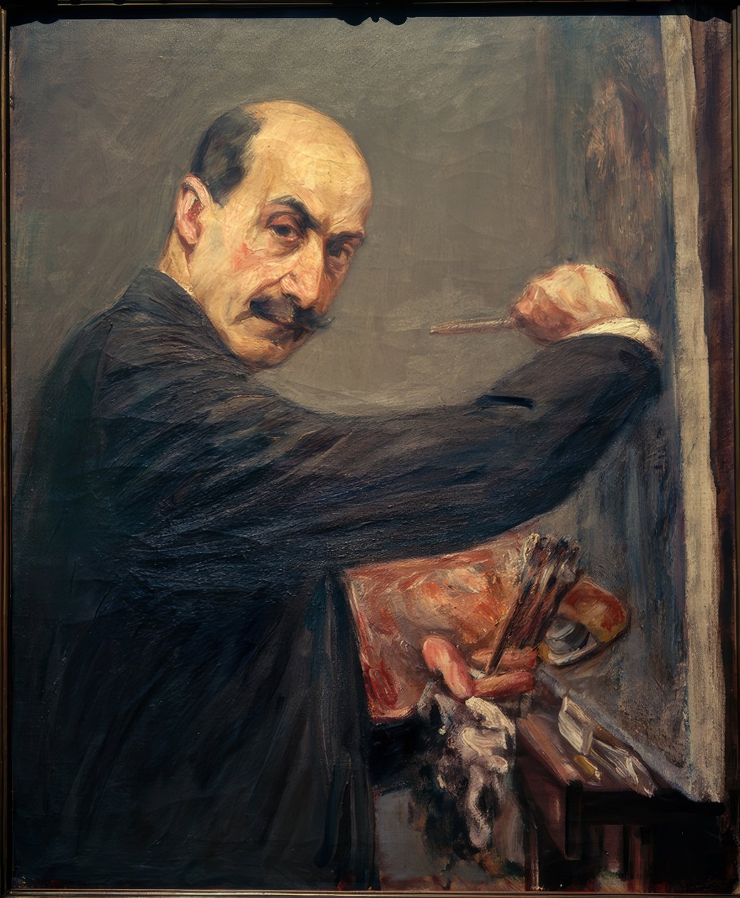 Selvportrett ved staffeli til høyre av Max Liebermann