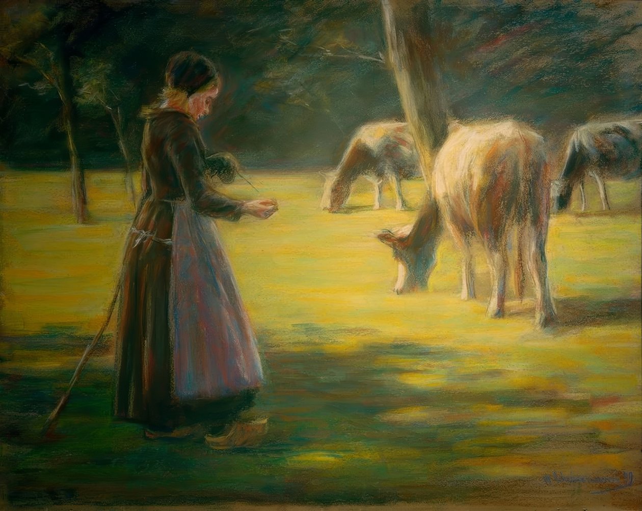 Spinnende kuherinne i beitet - I solskinnet av Max Liebermann