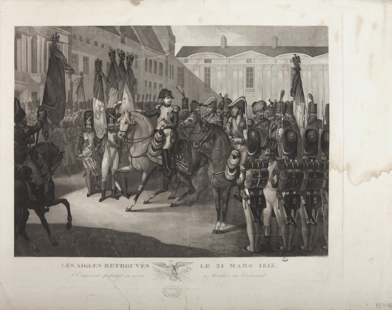 Keiseren gjennomgår troppene sine ved karrusellen, 21. mars 1815, gravert av Moreau av Maximilien Pierre Kepfer