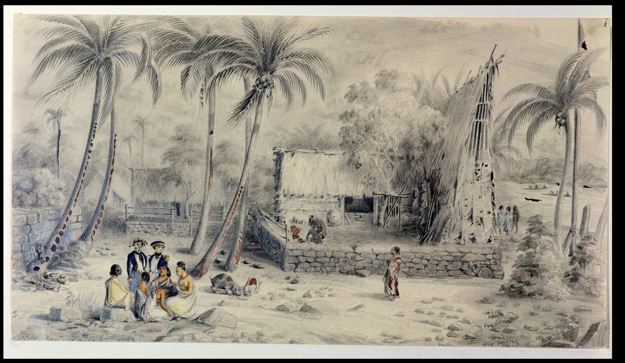 Innfødt landsby på Tahiti, ca. 1841-48 (wc, blyant og blekk på papir) av Maximilien Radiguet