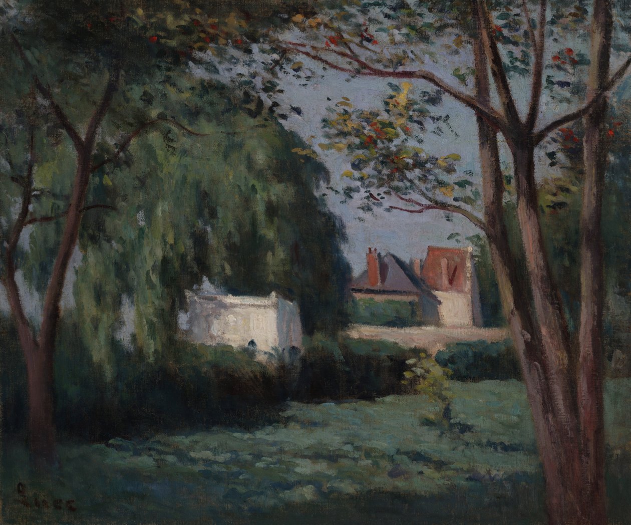 Landlig scene med tre hus og trær av Maximilien Luce