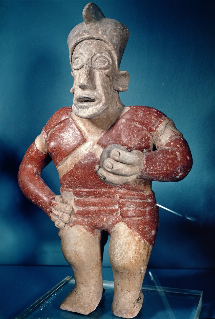 Figur av en tlachtli-spiller med hjelm, fra Jalisco, Classic Period, 400-700 av Mayan