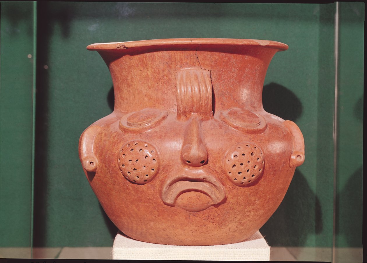 Kuleformet vase med ansikt, fra Kalminaljuy, Guatemala, Pre-Classic Period, 1000-250 f.Kr. (terrakotta) av Mayan