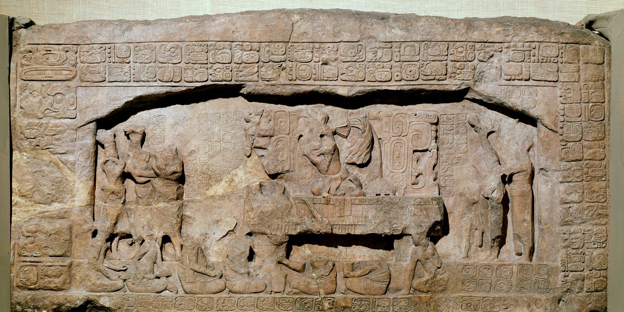 Overligger 3 fra Piedras Negras, Peten, Guatemala, sen klassisk periode (600-900 e.Kr.) av Mayan
