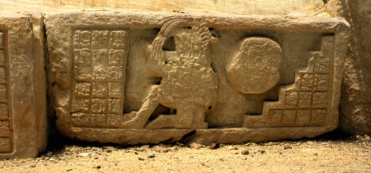 Lavt relieff av en ballspiller, ballen og tegnene som gir en beskrivelse, sen klassisk periode (700–900 e.Kr.) av Mayan