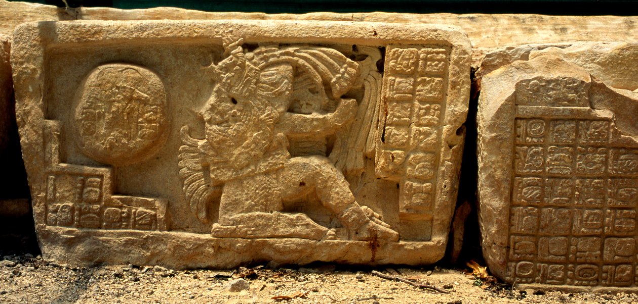 Lavt relieff av en ballspiller, ballen og tegnene som gir en beskrivelse, sen klassisk periode (700–900 e.Kr.) av Mayan