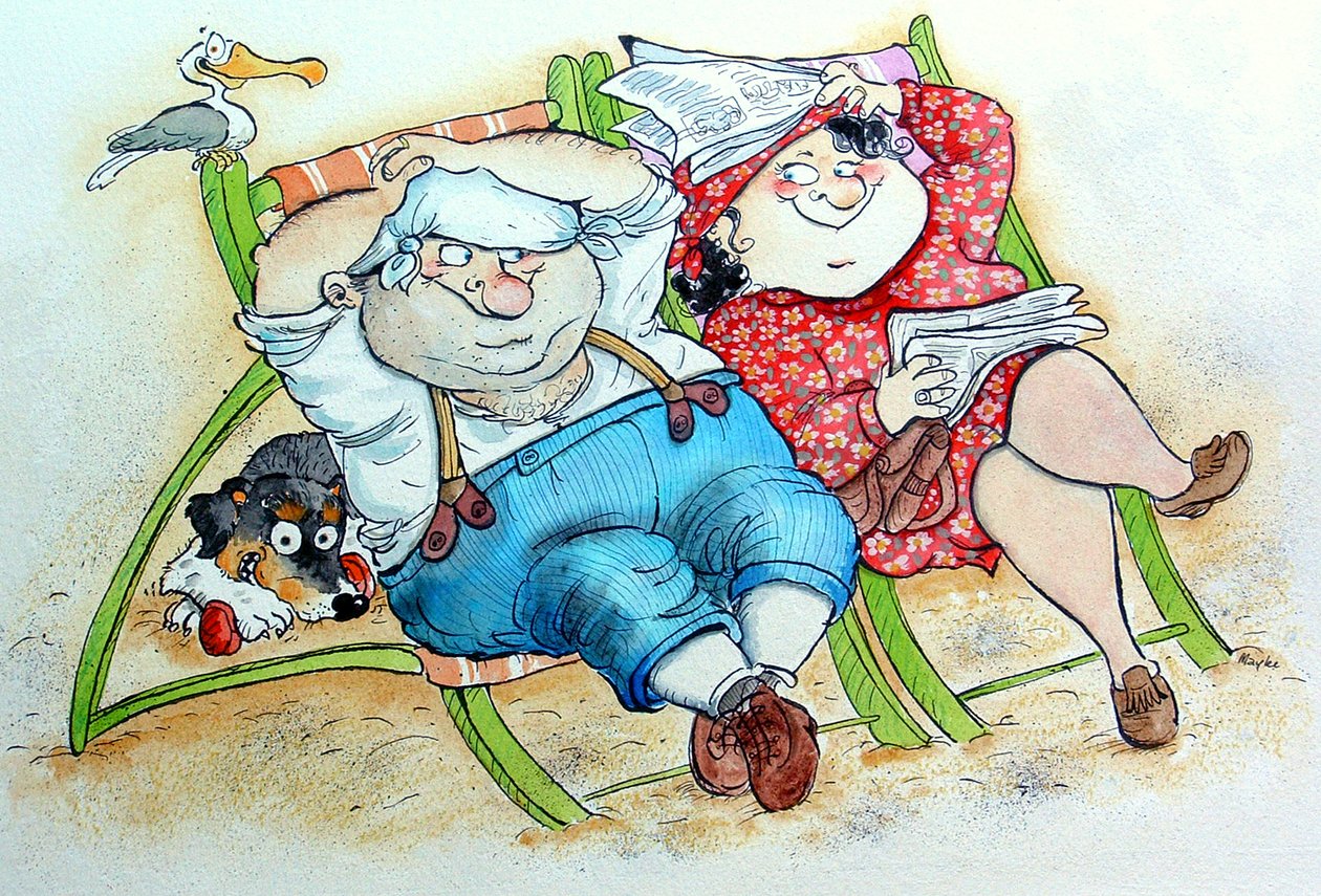 Ferier på stranden (penn og blekk og wc på papir) av Maylee Christie
