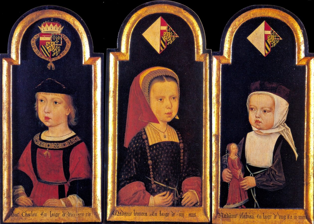 Erkehertug Charles, den senere hellige romerske keiseren Charles V., med søstrene Eleonore og Isabella i en alder av 2 år. av Meister der St. Georgsgilde der St. Georgsgilde