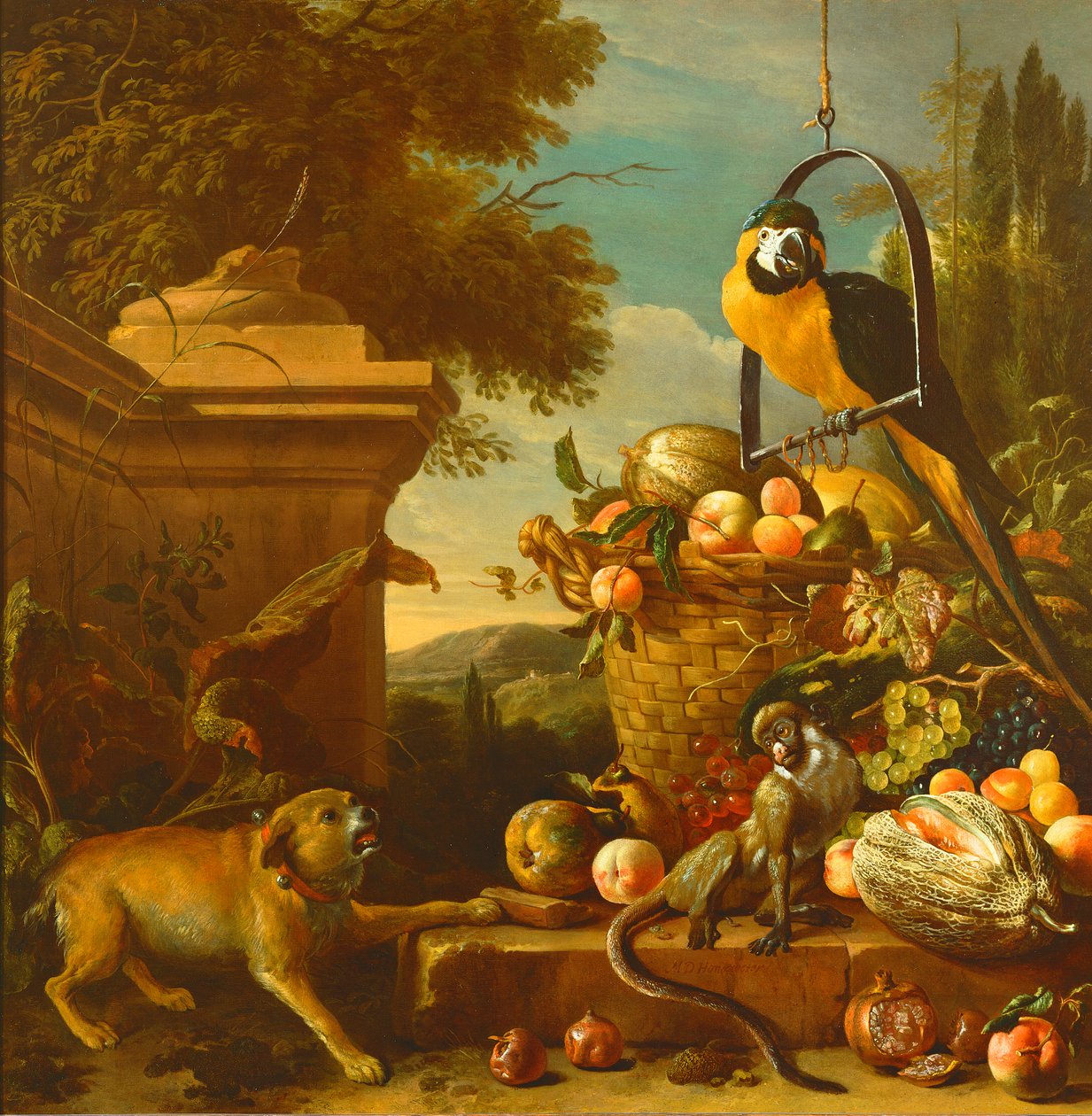 Ara og en ape av Melchior de Hondecoeter