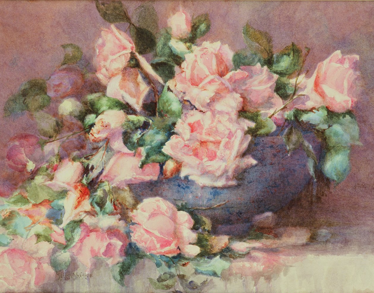 En skål med rosa roser (wc på papir) av Melicent Grose