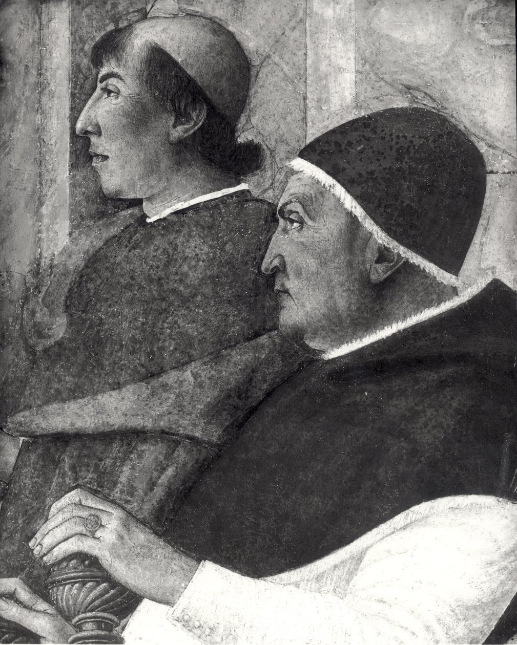 Pave Sixtus IV (1414-84) (Francesco della Rovere) med en kardinal bak seg installerer Bartolommeo Platina som direktør for Vatikanets bibliotek (detalj) av Melozzo da Forli
