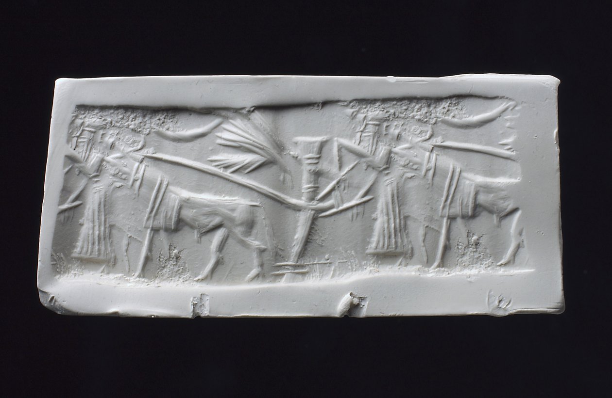 Sylinderforseglingsavtrykk, akkadisk (skall) av Mesopotamian