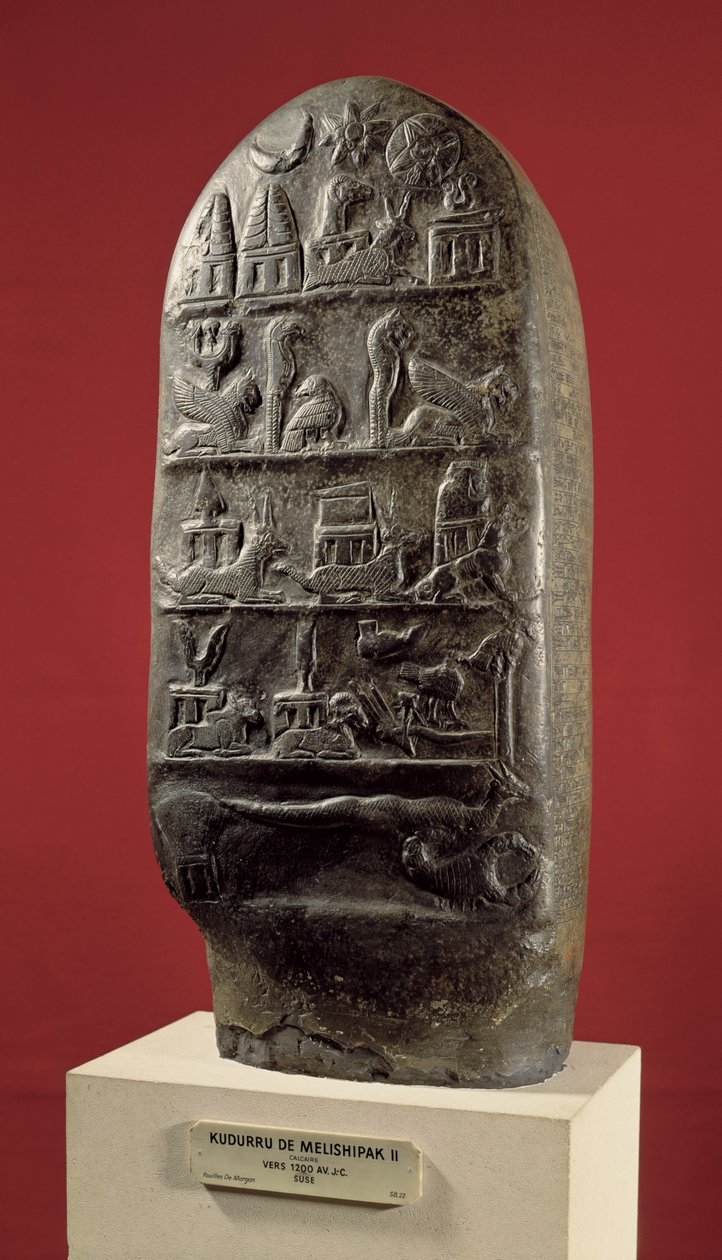 Kudurru av kong Melishikhu II som viser babylonske emblemer, fra Susa (kalsitt) av Mesopotamian