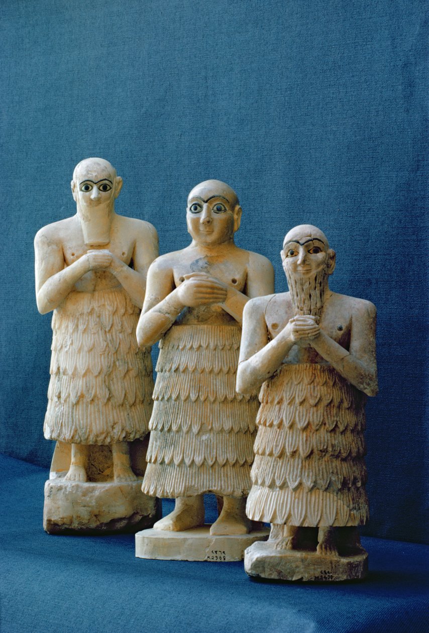 Votivfigurer avdekket i Nippur, Irak, ca. 2800 f.Kr. (alabaster og gull) av Mesopotamian