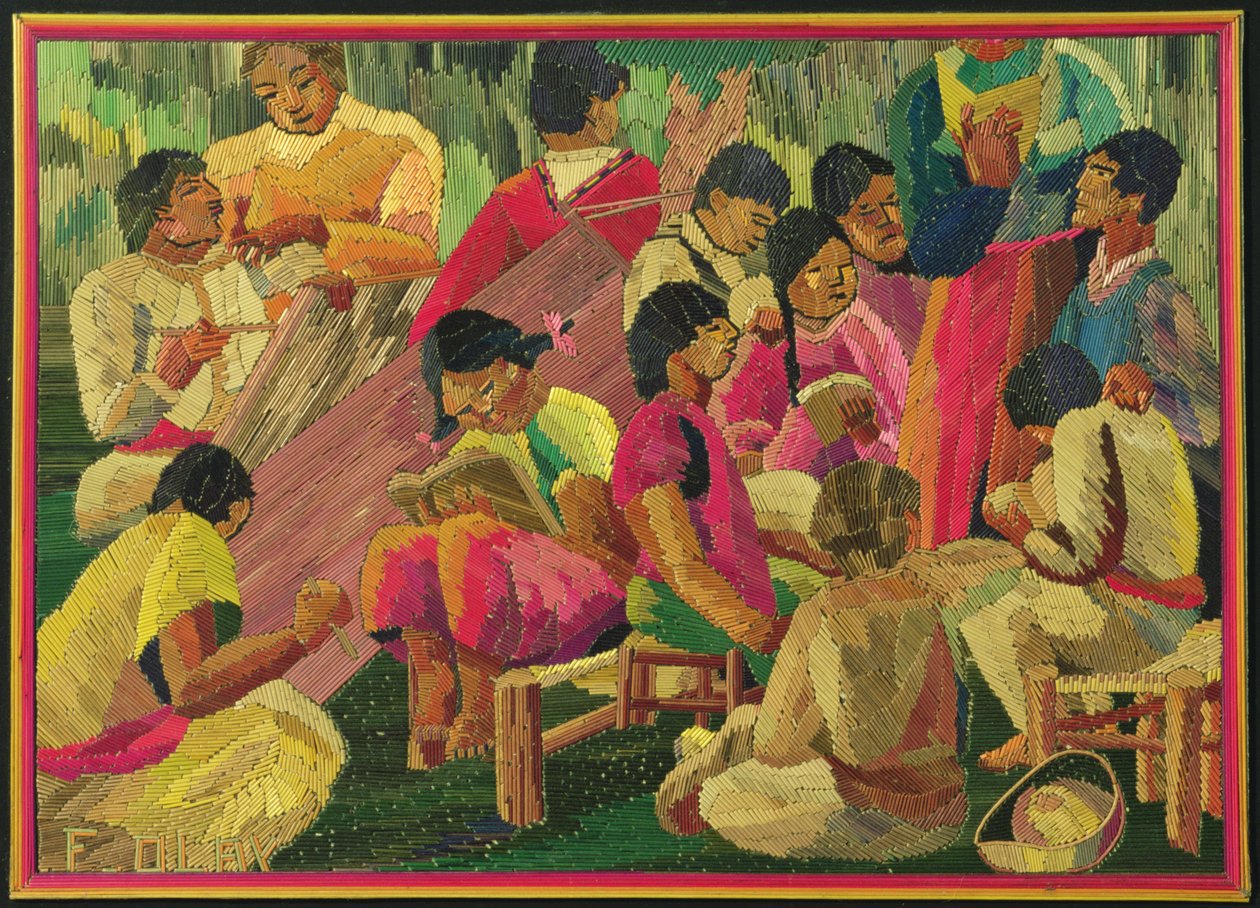 Meksikansk landsbyscene (farget stråmaleri) av Mexican School