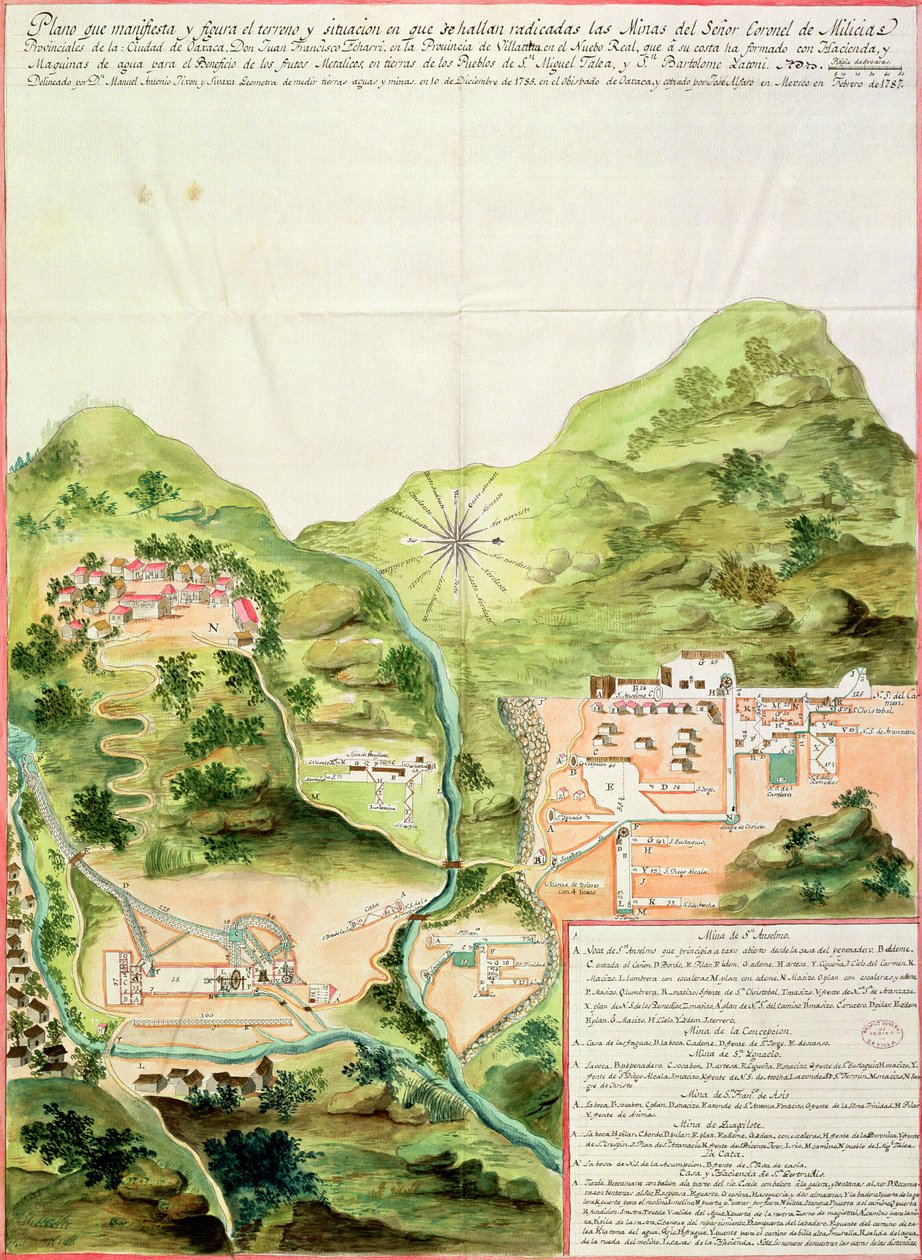 Plan of the Mines of Oaxaca, Mexico, 1785-87 (penn og blekk og wc på papir) av Mexican School
