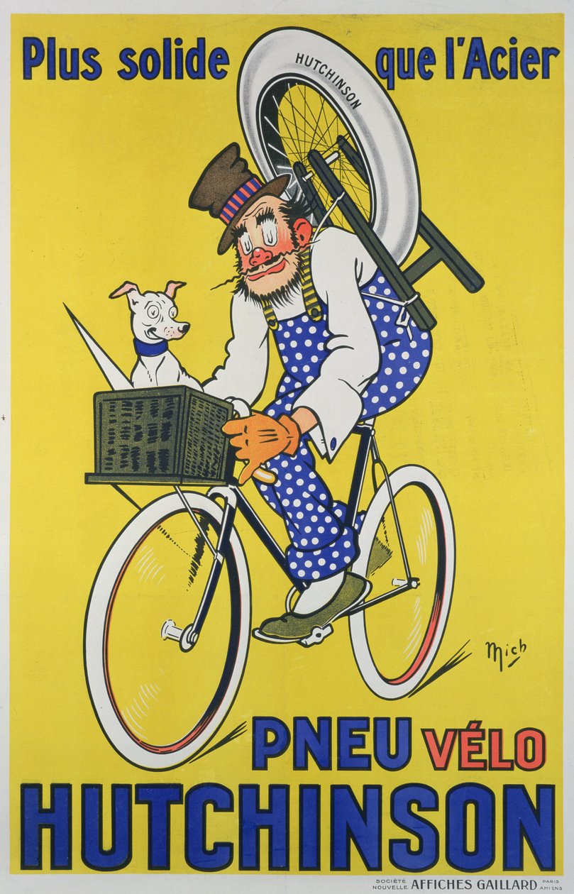 Plakatreklame for Hutchinson sykkeldekk (farge litho) av Mich