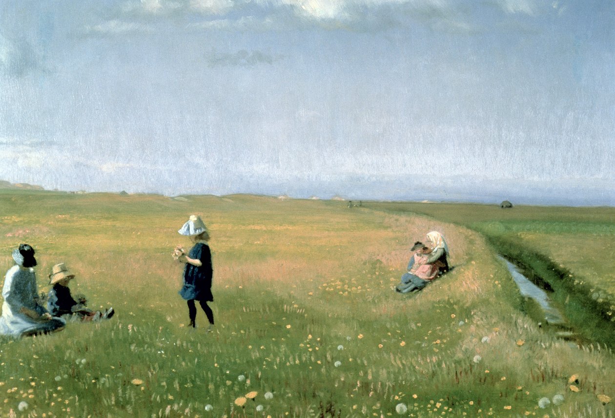 Barn og unge jenter plukker blomster på en eng nord for Skagen av Michael Peter Ancher