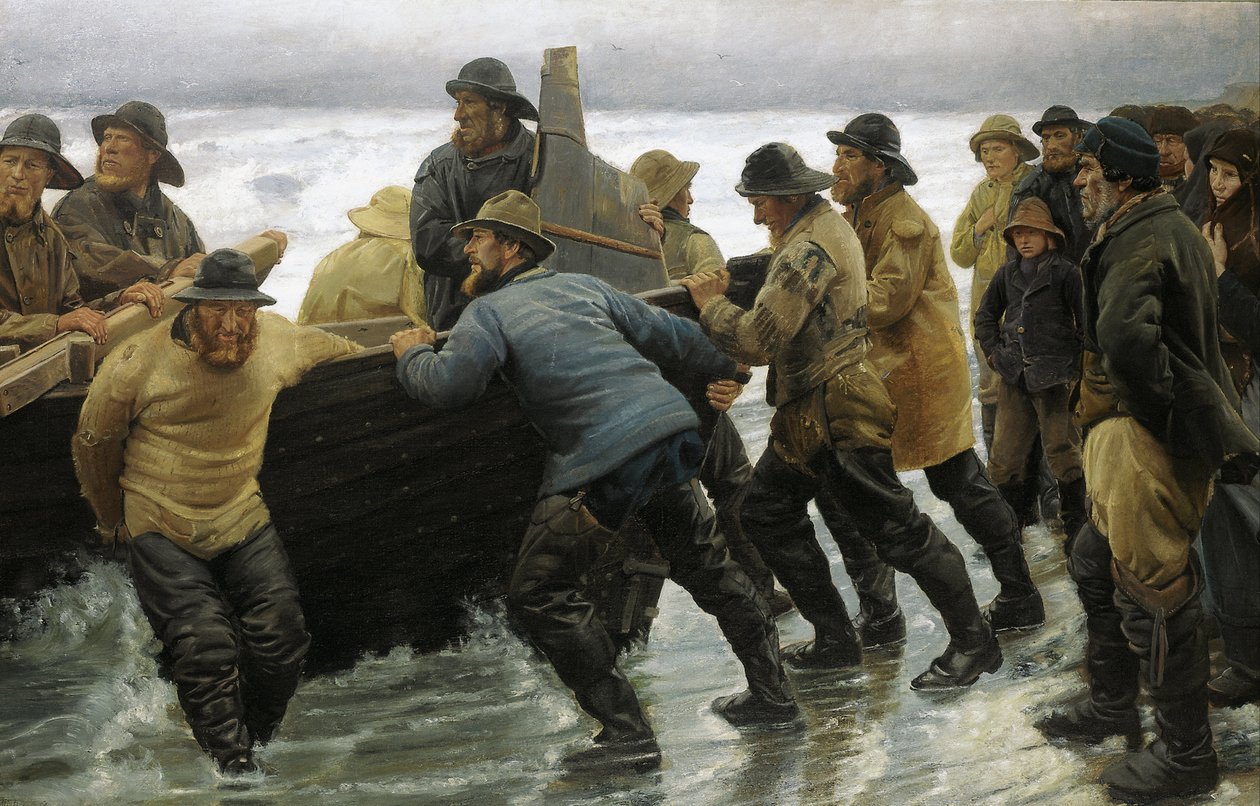 Fiskere lanserer en robåt av Michael Peter Ancher