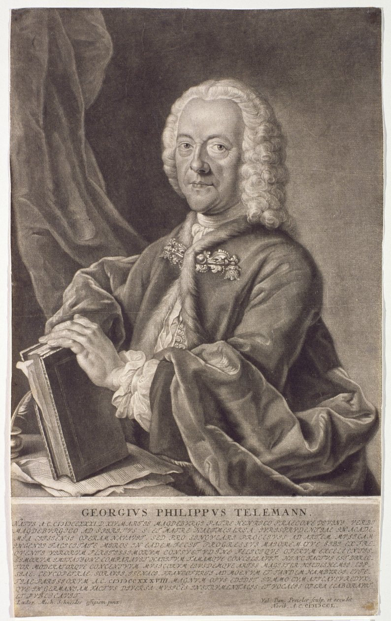 Portrett av Georg Philipp Telemann (1681-1757) gravert av Georg Preisler (1700-54) av Michael Schneider