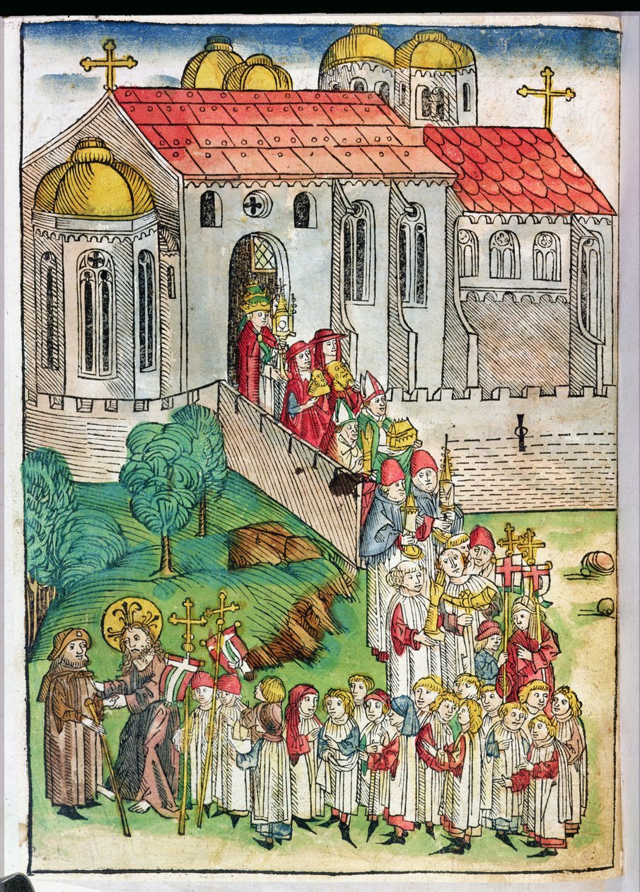 Pilgrim fra Santiago de Compostela og prosesjon, 1491 (fargetresnitt) av Michael Wolgemut