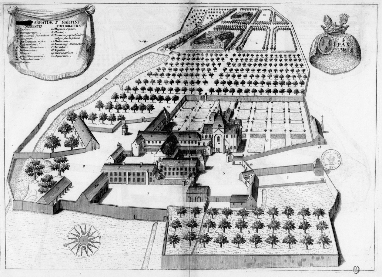 Gravert tallerken fra 1600 -tallet som representerer klosteret Saint Martin de Sées, i boken Monasticon Gallicanum av Michel Germain