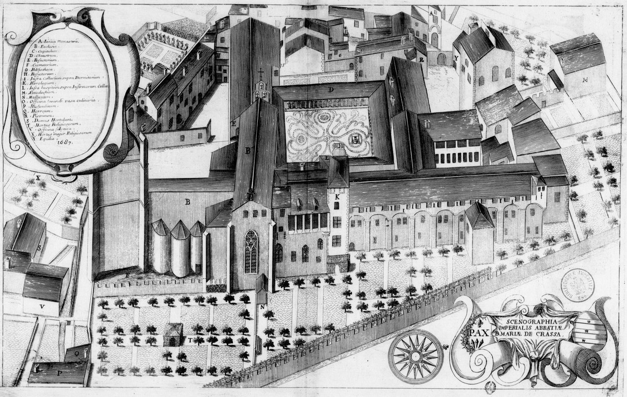 Gravert plate fra 1600-tallet som representerer klosteret Sainte-Marie de Lagrasse, Frankrike, fra boken Monasticon Gallicanum av Michel Germain