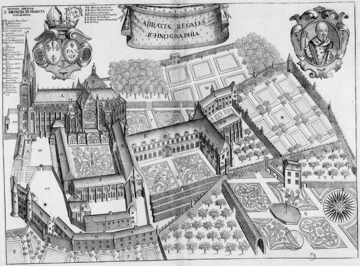 Inngravert tallerken fra 1600-tallet som representerer klosteret Saint-Denis i Frankrike, i boken Monasticon Gallicanum av Michel Germain