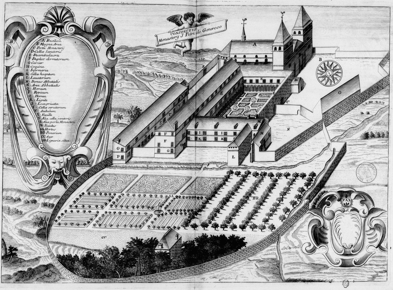 Gravert plate fra 1600-tallet som representerer klosteret Saint-Pé-de-Bigorre, i boken Monasticon Gallicanum av Michel Germain