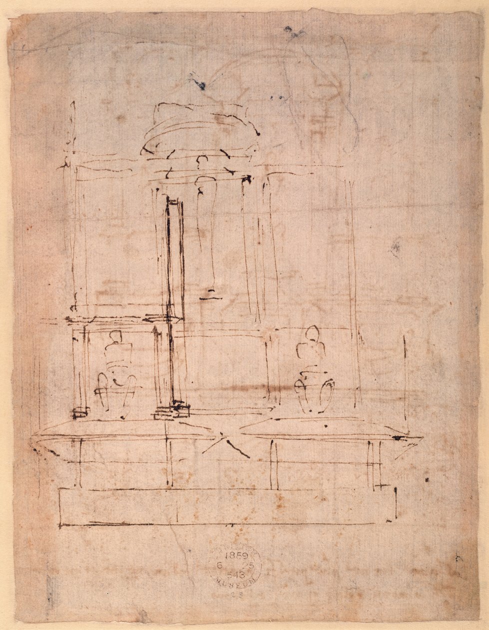 Design for graven til pave Julius II (1453-1513) (brunt blekk på papir) (verso) av Michelangelo Buonarroti