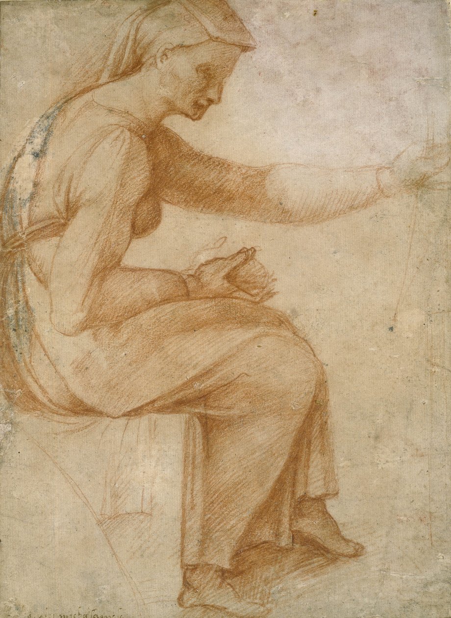 Detalj fra det sixtinske taket (rødt kritt på blekt brunpapir) av Michelangelo Buonarroti
