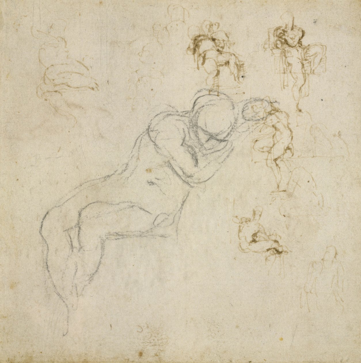 Figurstudie, ca. 1511 (svart kritt, penn og blekk på papir) av Michelangelo Buonarroti