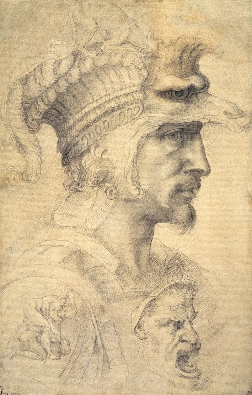 Ideell leder for en kriger (svart kritt på papir) av Michelangelo Buonarroti