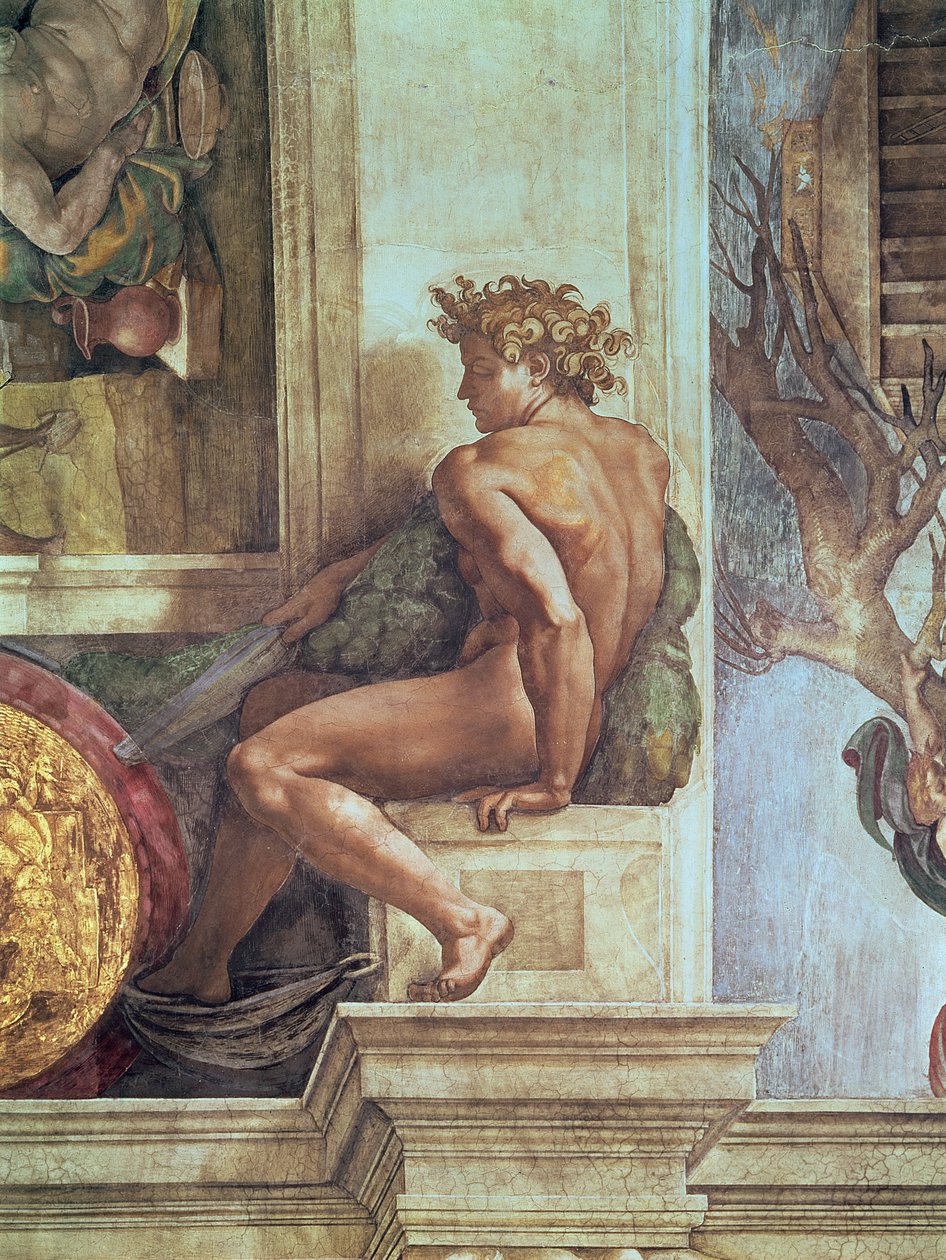 Ignudo fra det sixtinske tak (forhåndsrestaurering) av Michelangelo Buonarroti
