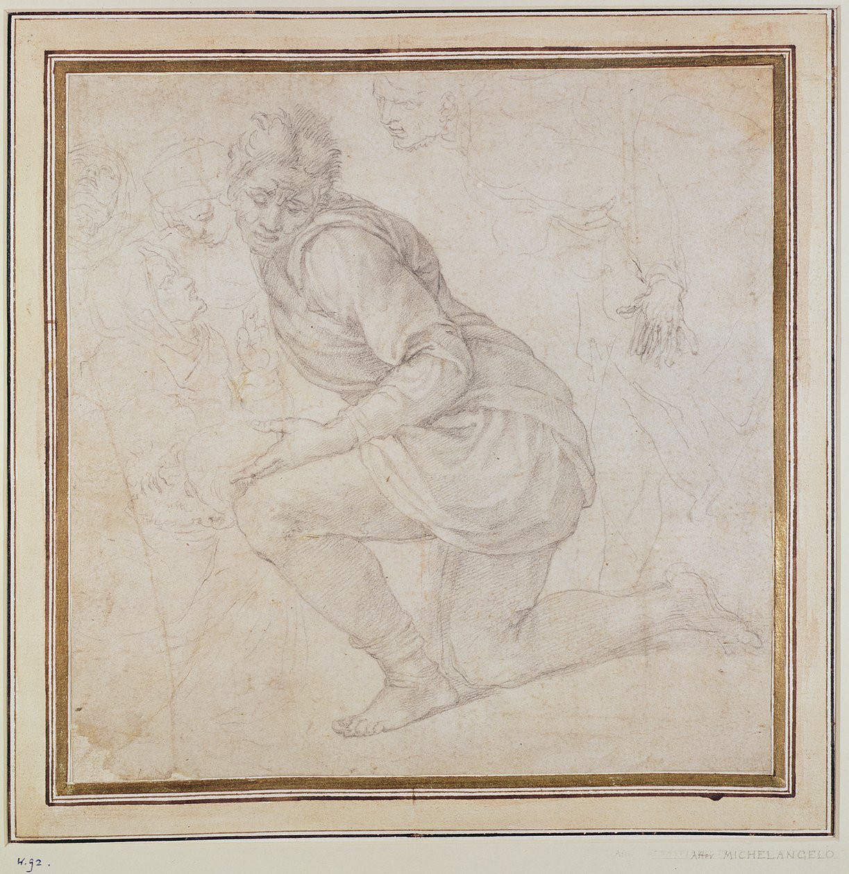 Inv. 5211-75 Fawkener Recto (W.92) knelende mann (tegning) av Michelangelo Buonarroti