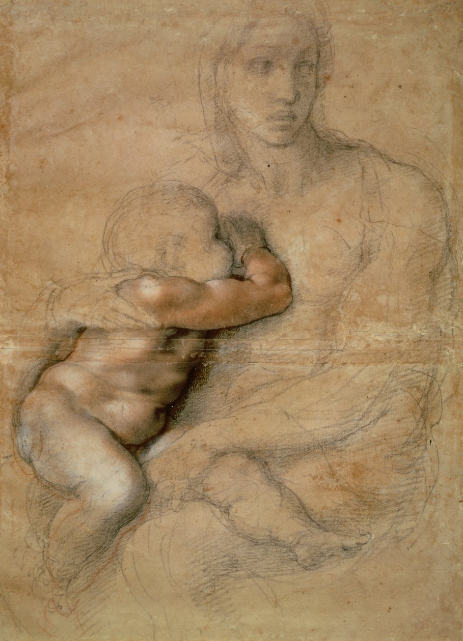 Madonna og barn, ca. 1525 (blyant og rødt kritt på papir) av Michelangelo Buonarroti