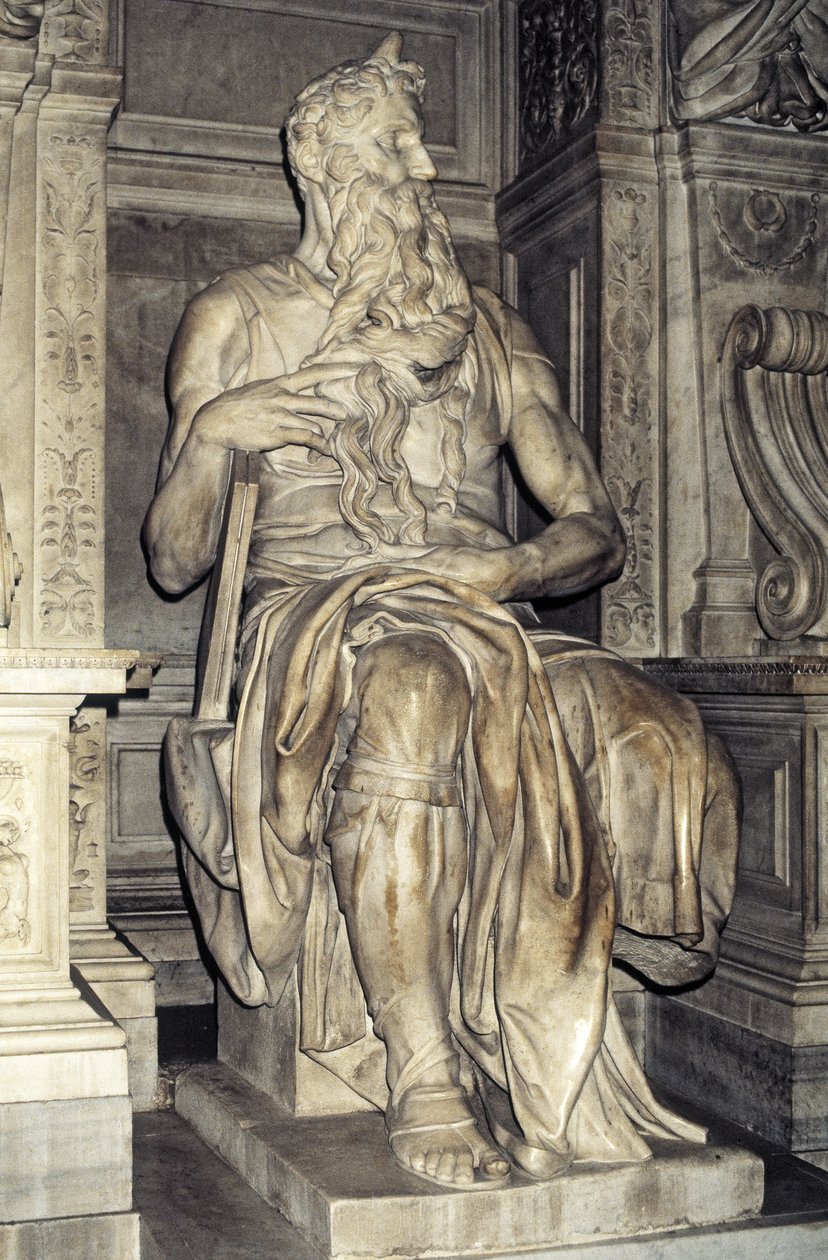 Moses, skulptur fra graven til pave Julius II (1453-1513) 1513-16 (marmor) av Michelangelo Buonarroti