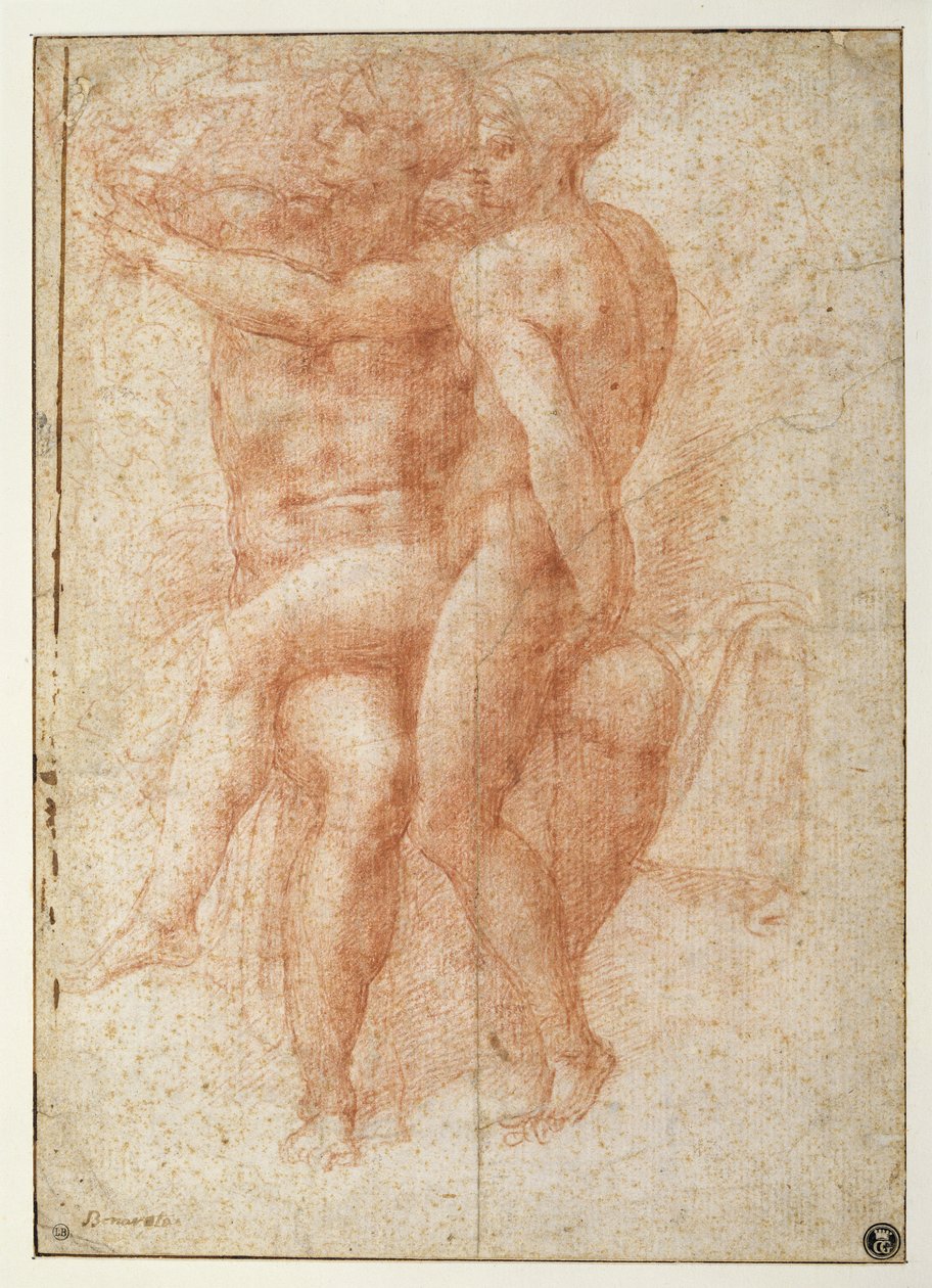 Naken kvinne som sitter på knærne til en sittende naken mann: Adam og Eva (sangvinsk på papir) av Michelangelo Buonarroti