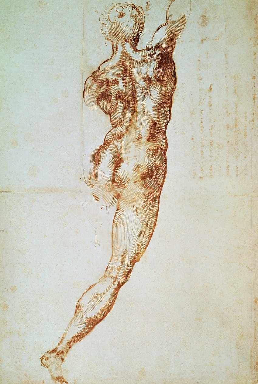 Naken, studie for slaget ved Cascina (rødt kritt på papir) av Michelangelo Buonarroti