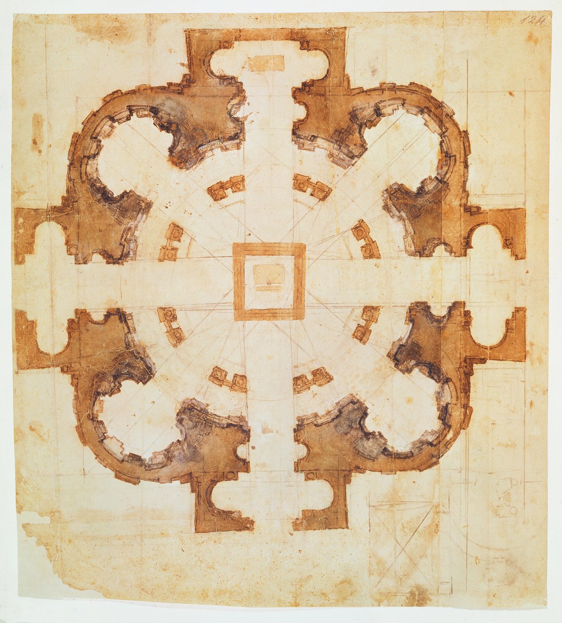 Plan for kirken San Giovanni dei Fiorentini, Roma, 1500-tallet, (blekk på papir) av Michelangelo Buonarroti