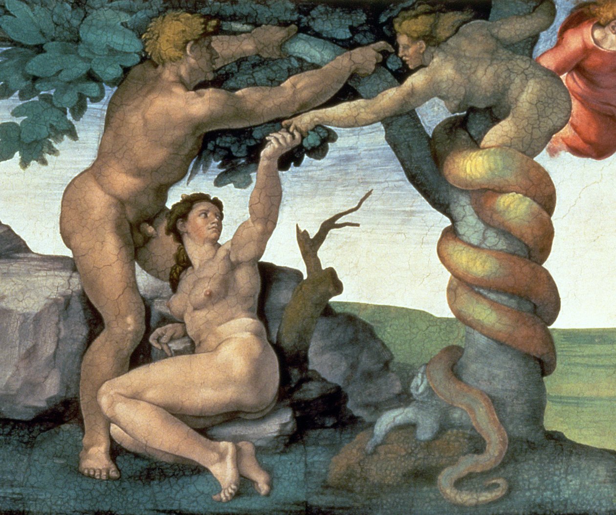 Det sixtinske kapells tak (1508-12): The Fall of Man, 1510 (etter restaurering) (detalj av 167699) av Michelangelo Buonarroti