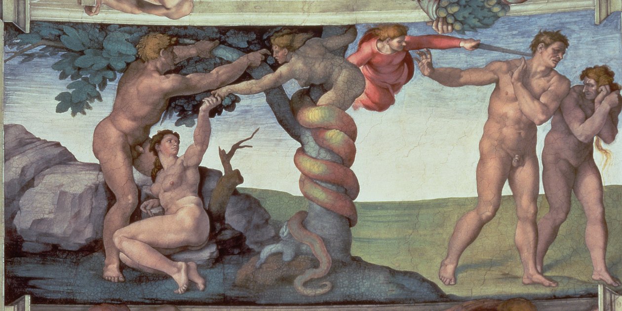 Det sixtinske kapells tak (1508-12): The Fall of Man, 1510 (etter restaurering) av Michelangelo Buonarroti