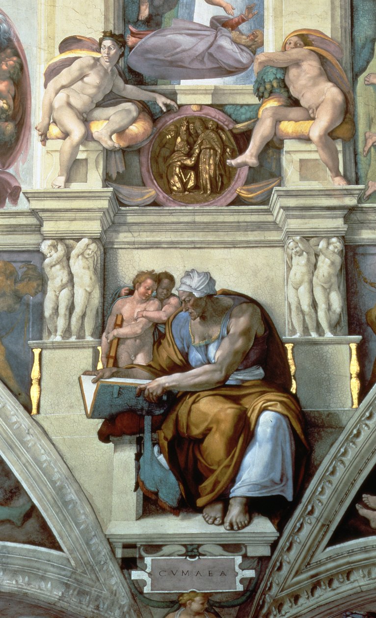 Tak i det sixtinske kapell: Cumaean Sibyl, 1510 fresco post restaurering detalj av 76588 av Michelangelo Buonarroti