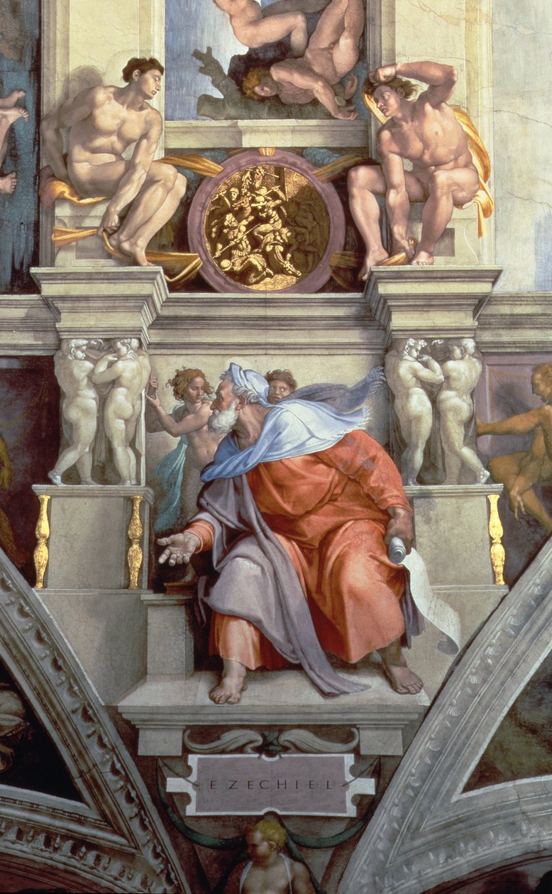 Det sixtinske kapell Ceiling: The Prophet Ezekiel, 1510 fresco post restaurering detalj av 76588 av Michelangelo Buonarroti