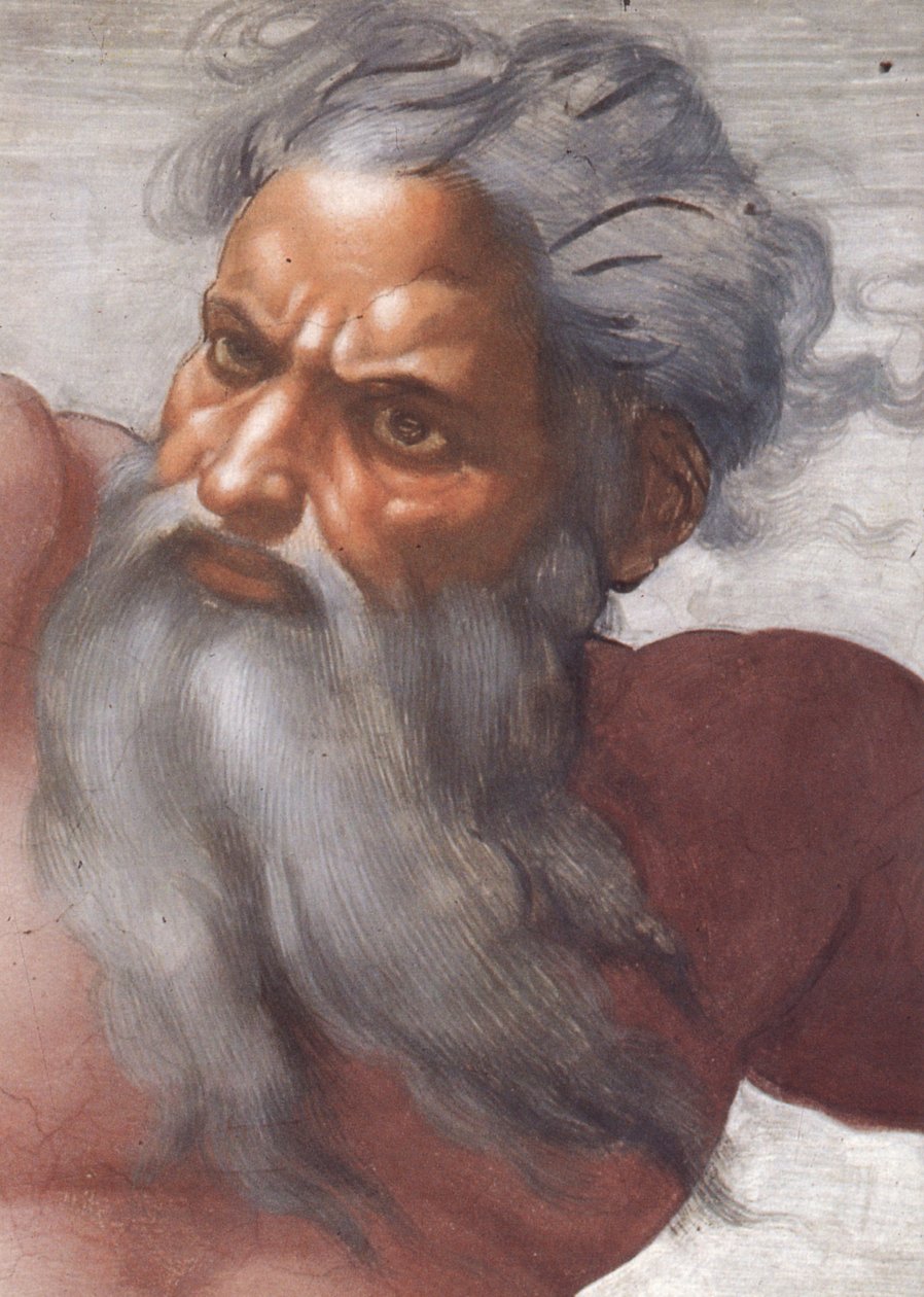 Tak i det sixtinske kapell: Creation of the Sun and Moon, 1508-12, detalj av Guds ansikt av Michelangelo Buonarroti