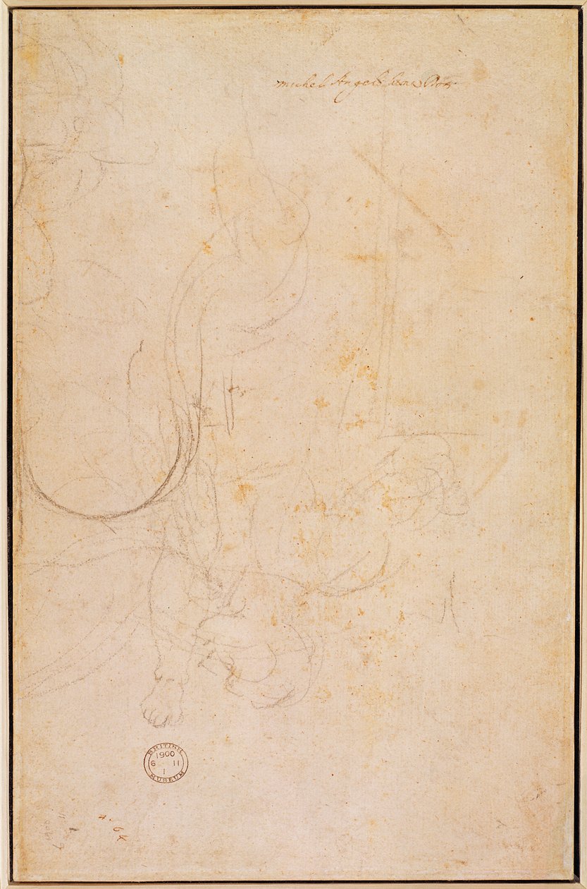 Skisse av en figur med kunstnerens signatur (kull på papir) (verso) av Michelangelo Buonarroti